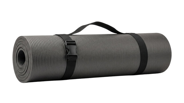Grey rolled yoga mat with black carrying strap, textured fitness exercise mat for pilates and gym, portable workout equipment on white background