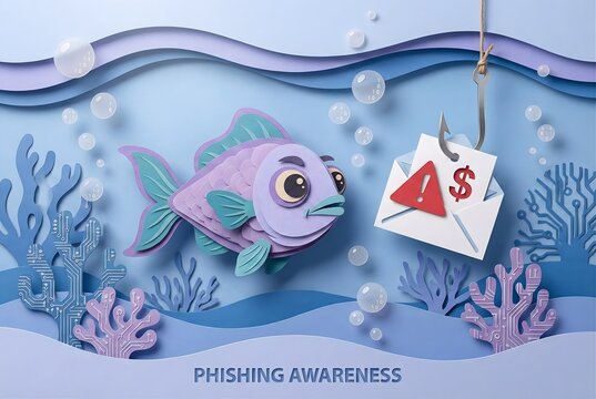 Smart Paper Cut Fish Swimming Away from Phishing Email Hook Trap 3D Illustration