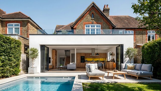 Modern Rear Extension with Open Plan Kitchen Living Space and Private Swimming Pool in a Sunny Residential Backyard Setting