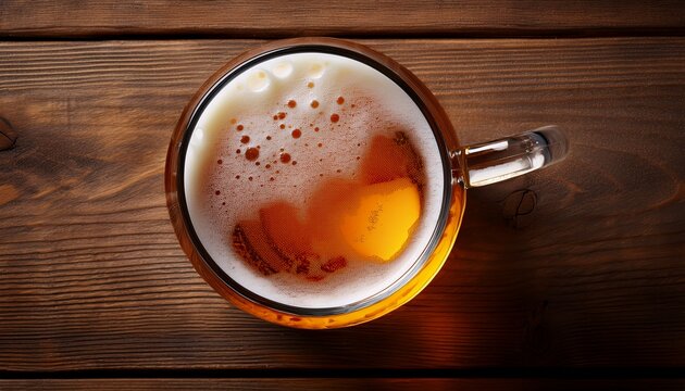 Golden Amber Beer In Foaming Pint Glass On Rustic Wooden Table Top Down Composition Conveying Refreshment And Cozy Atmosphere