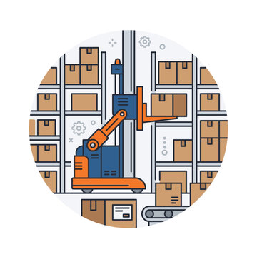 Warehouse Automation Robot Line Vector Icon for E-Commerce Logistics