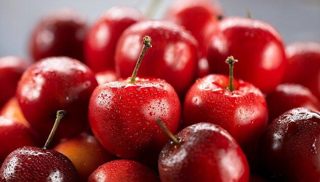 Close Up Of Freshly Picked Acerola Cherries With Water Droplets Showing Their Bright Red Color And Smooth Texture This Image Captures The Freshness Highlighting The Cherries Abundance Of Vitamin C