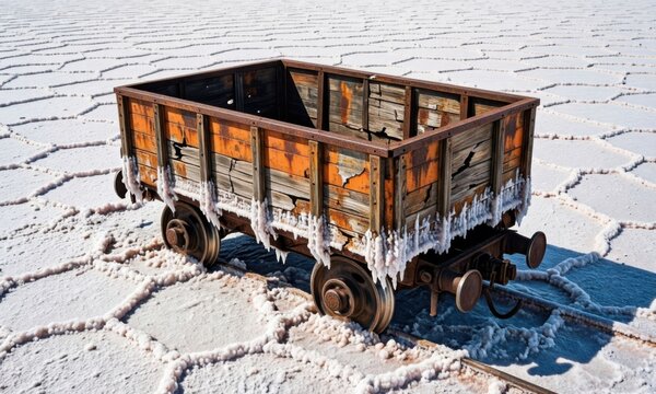 Abandoned rusty mining cart on cracked salt flats. Old industrial ore wagon isolated in barren white desert landscape.