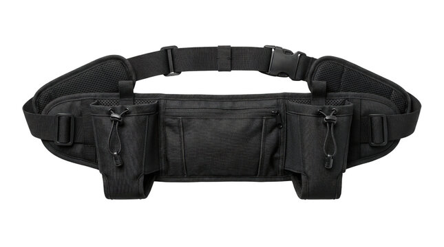 Tactical black running belt with dual water bottle holders, adjustable fitness waist pack for hydration, professional sports fanny pack