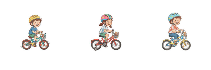 Cute cartoon kids riding bicycles wearing safety helmets isolated on white background, happy children cycling vector illustration elements, fun outdoor activity characters, transparent PNG graphic ass
