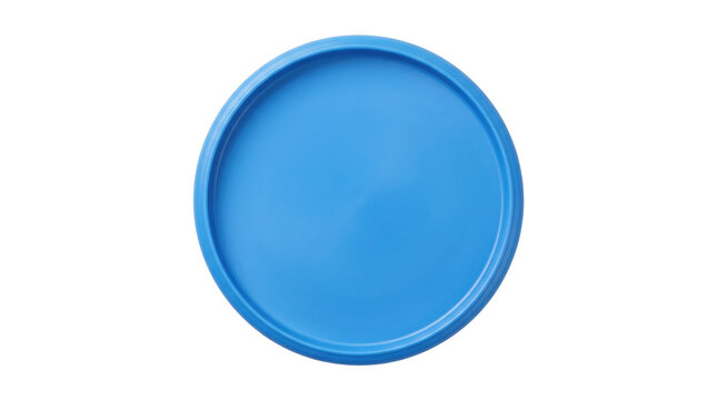 Blue plastic lid isolated on white background, top view of round container cap, circular matte plastic cover for food storage or packaging