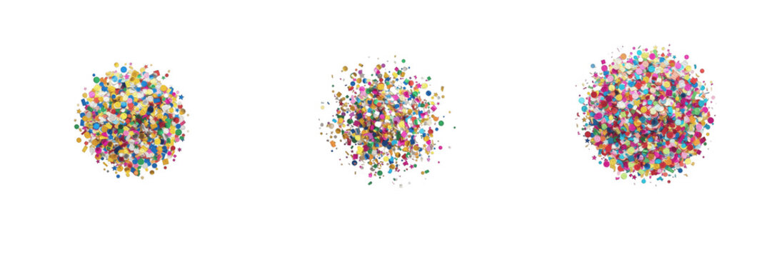 Colorful confetti bursts isolated on white background, festive party celebration elements, bright multi-color glitter particles, dynamic explosion graphic design asset, transparent PNG confetti cluste