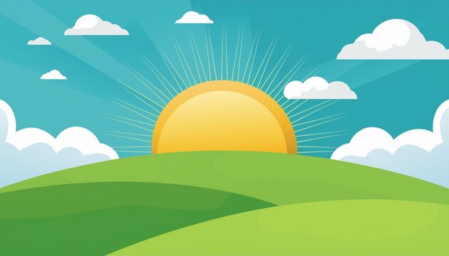 Flat Design Grass Landscape With Hills Clouds And Glowing Sun Under Blue Sky