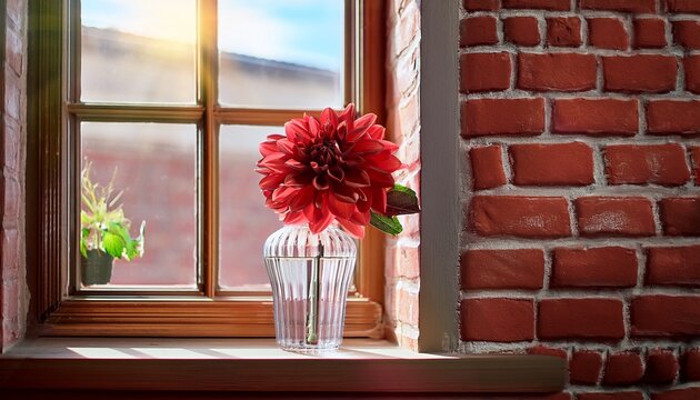 Red Dahlia Flower In Clear Glass Vase On Windowsill With Natural Light And Brick Wall Background