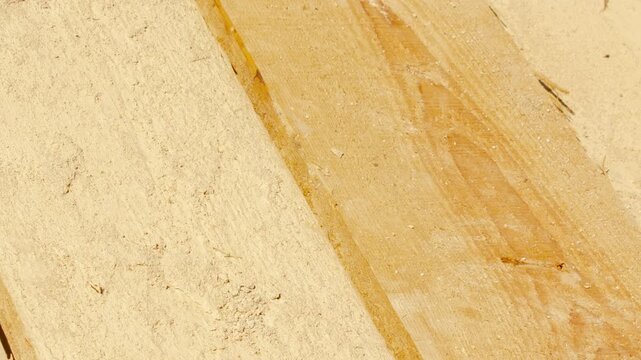 Dry pine boards lumber. Logs processed into sawn boards for construction, building projects, and repairs. Dry boards stacked in piles,animation