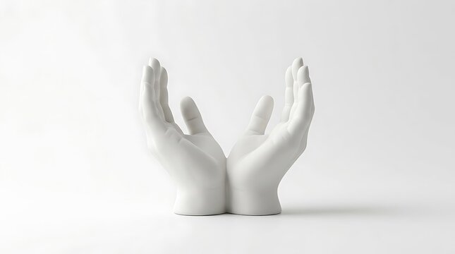 White ceramic sculpture of cupped hands on white background