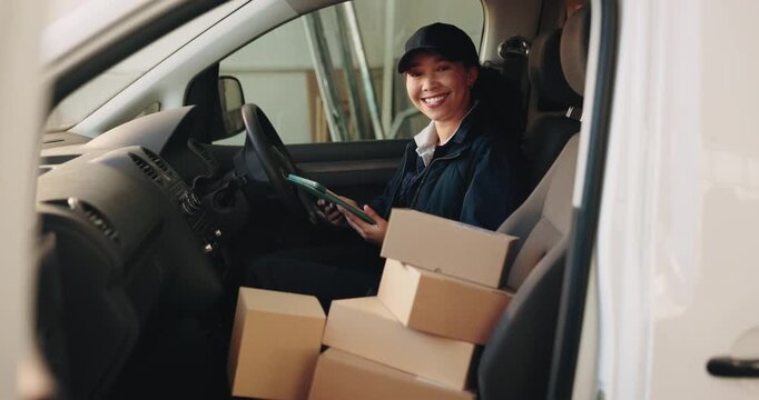 Delivery, face and woman with tablet in van for parcel distribution, ecommerce and supply chain. Boxes, happy worker and tech in transport for courier service, package dispatch and logistics company