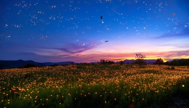 A Field Of Fireflies Glows At Dusk Under A Vibrant Sunset Sky