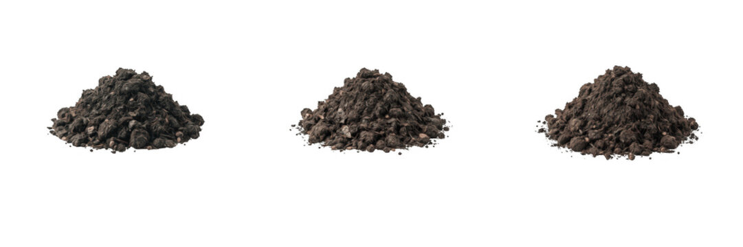 Small heaps of fertile dark soil piles isolated on white background, rich earth ground mounds for gardening and agriculture, organic topsoil compost heaps, transparent PNG design asset