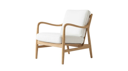 Obraz premium Modern lounge armchair with wooden frame and white cushion on a transparent background PNG file