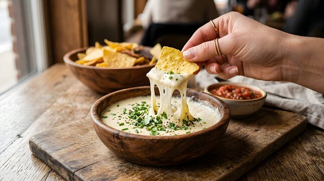 Close up of Hand Dipping Tortilla Chip into Hot Melted Cheese Dip with Herbs in a Wooden Bowl