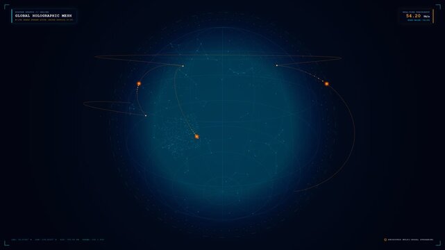 Digital futuristic global network hologram displaying glowing orange trajectory connections over spinning dark blue Earth globe, high tech HUD interface user telemetry UI for sci-fi concepts.