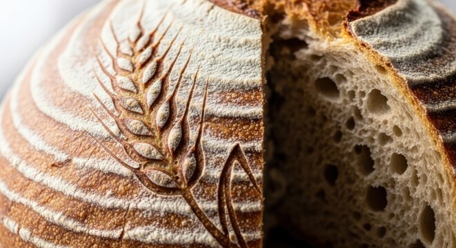 A close-up of a freshly baked sourdough bread loaf with a detailed wheat stalk set. containing and more. solid collection