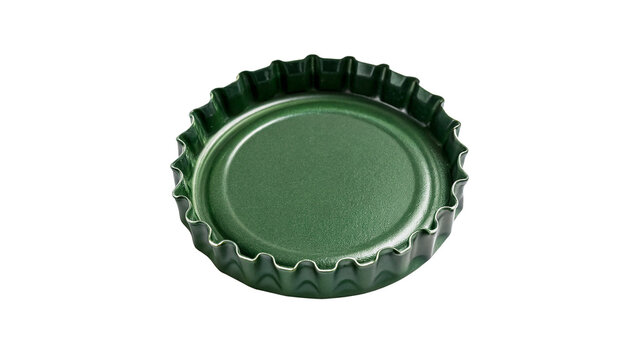 Single green metallic screw bottle cap crown cork component isolated on transparent background
