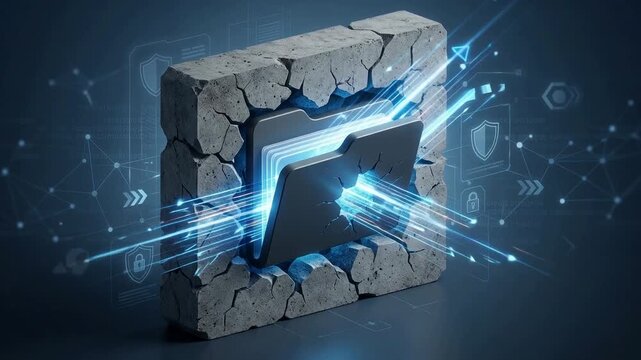 A visual representation of advanced technology featuring a glowing folder icon set against a cracked stone background with illuminating blue light