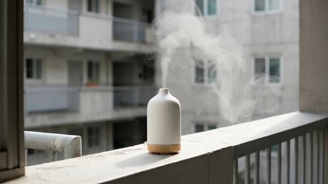 A white aroma diffuser releasing steam on a balcony with blurred apartment buildings in the background
