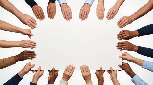 Diverse Group of Hands Holding a Blank White Poster Board