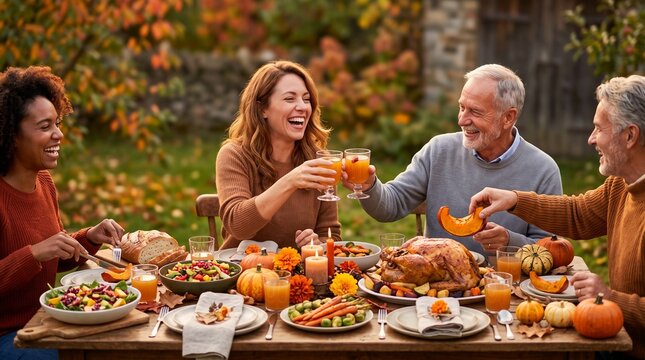 autumn equinox feast table, Family celebrating Thanksgiving with dinner outdoors in autumn  