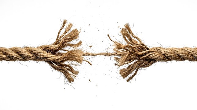 Thick jute rope snapping under extreme tension on white background