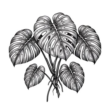 Monstera deliciosa plant leaves illustration isolated on white background