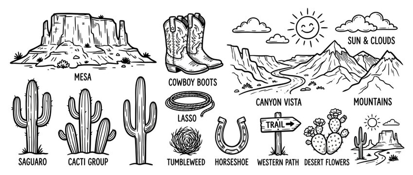 Western Desert Elements Collection - Isolated Line Art
