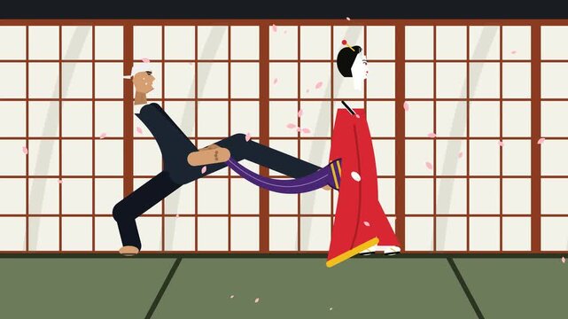 2D animation of an otokoshi dressing a geisha in a red kimono by tying her obi with foot leverage in a traditional Japanese room with falling cherry blossoms