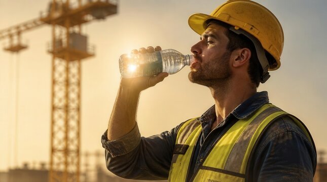 Warm profile shot of a thirsty worker drinking water at a sunny construction site.