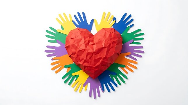 Red Crumpled Paper Heart Surrounded by Colorful Paper Handprints