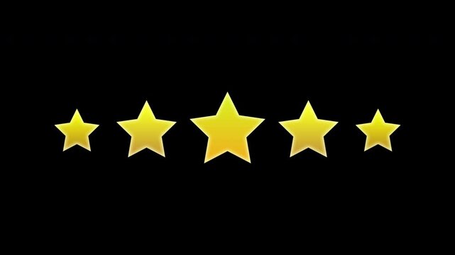 Rating 5 star reveal pop up motion graphic. Alpha channel transparent golden star five icon background animation footage Full HD 4K. Reveal five star review menu opacity smooth moving.
