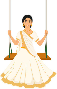 Woman wearing traditional Kerala saree enjoying a swing on Onam festival vector illustration