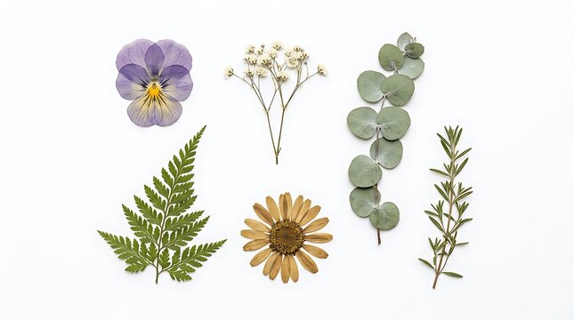 Collection of Dried Pressed Flowers and Leaves on White Background