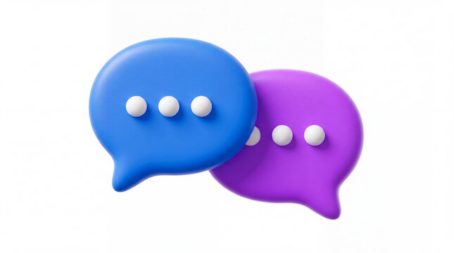 Three-dimensional blue and purple speech bubbles with white dots representing active chat, messaging, or communication in a modern digital interface design