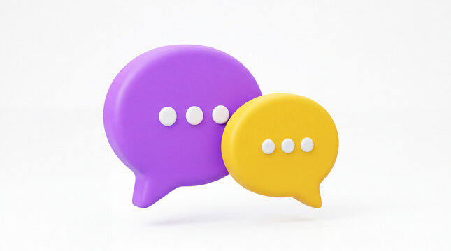 Two colorful 3D speech bubbles in purple and yellow floating on a white background representing chat, communication, messaging, and social media interaction