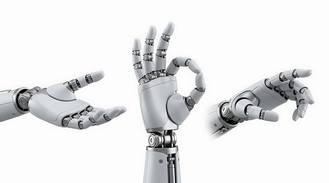 Three Robotic Hands Showing Different Gestures on White Background