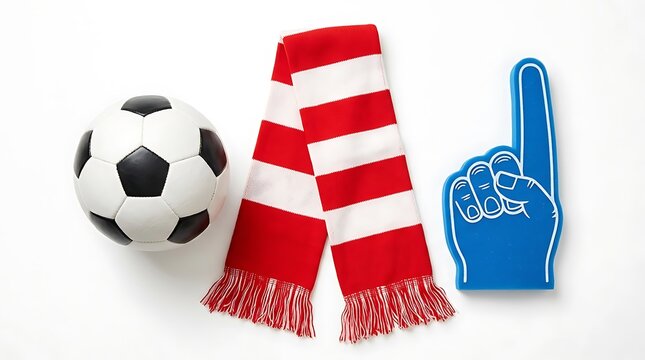 Soccer Ball, Striped Scarf, and Blue Foam Finger on White
