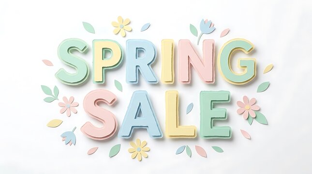 Spring Sale Text with Pastel Paper Cut Flowers and Leaves