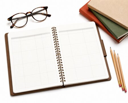 Open notebook with glasses and pens on wooden desk. Study or planning workspace setup with stationery and blank pages for notes.
