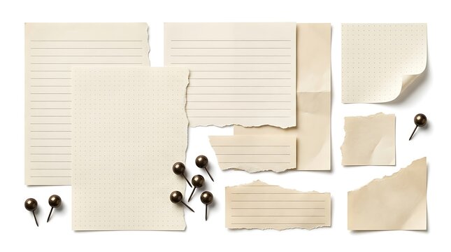 Collection of Torn Paper Sheets and Metal Push Pins