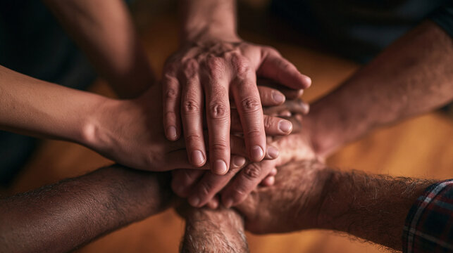 Diverse Hands Stacked Together Showing Teamwork and Support