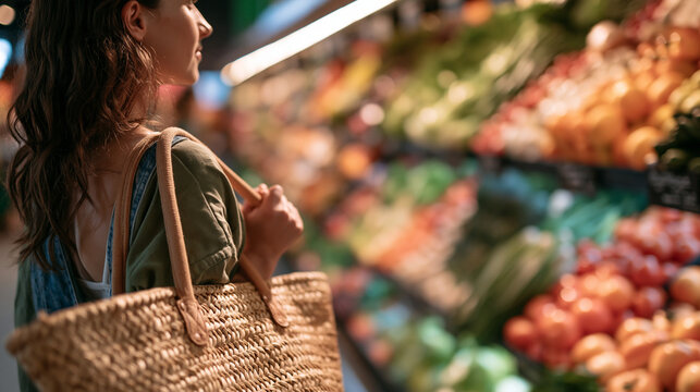 Young Woman Shopping for Fresh Organic Produce in Grocery Store