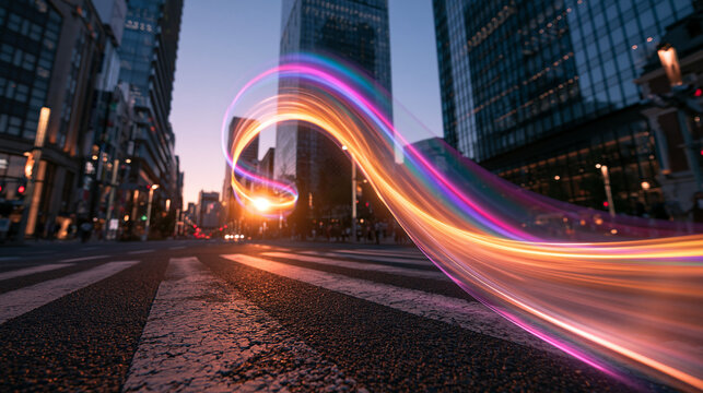 Fiber Optic Light Trails Streaming Through Modern City Street