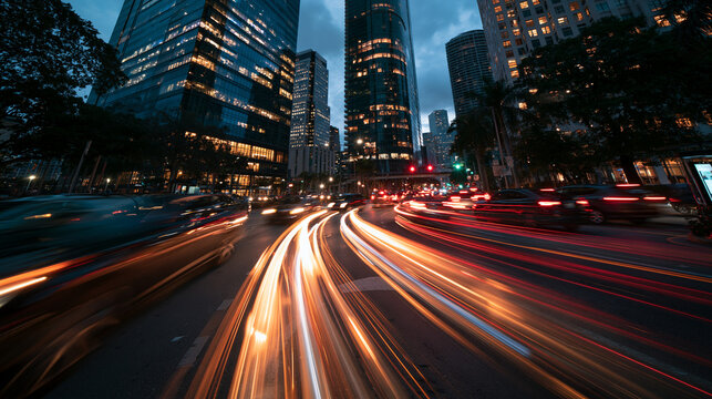 Spectacular long-exposure hyper-shot looking down Brickell Avenue in Miami, Florida during deep twilight