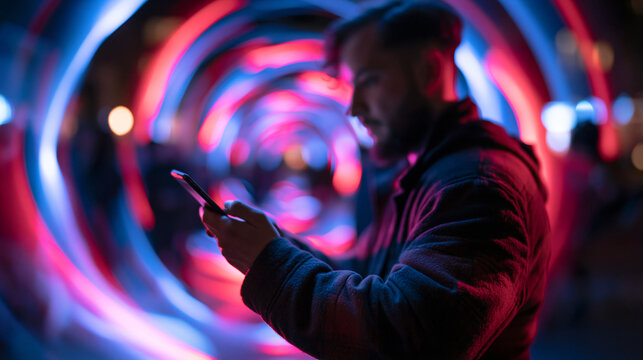 Man Using Smartphone in Futuristic Neon Light Tunnel