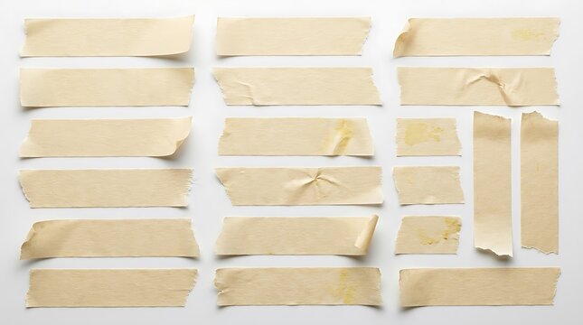 Collection of Torn Masking Tape Strips on White Background