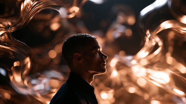 Profile Silhouette of Man Surrounded by Glowing Abstract Light